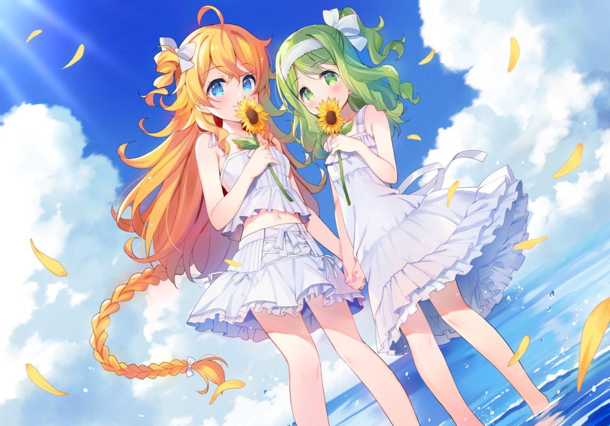 2girls, aqua_eyes, braids, clouds, dress, flowers, green_eyes, green_hair, long_hair, meito_(maze), morinaka_kazaki, navel, nijisanji, orange_hair, otogibara_era, petals, skirt, sky, sunflower, water