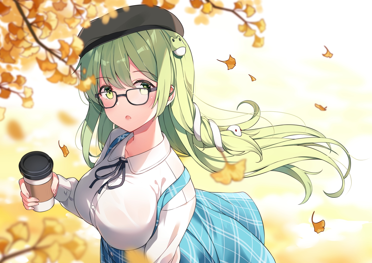 autumn, blush, breasts, drink, glasses, green_eyes, green_hair, hat, kochiya_sanae, long_hair, shirt, skirt, touhou, yaruwashi