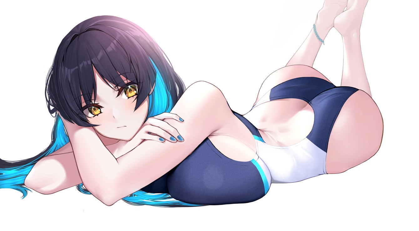 aqua_hair, ass, barefoot, long_hair, original, purple_hair, swimsuit, white
