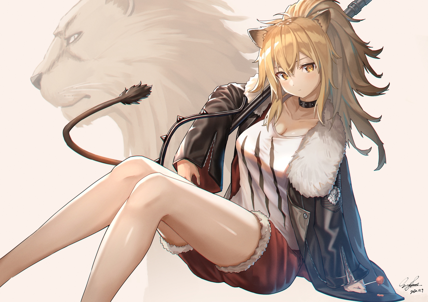 animal, animal_ears, arknights, blonde_hair, candy, catgirl, choker, ioriwu8, lion, lollipop, siege_(arknights), signed, tail, yellow_eyes
