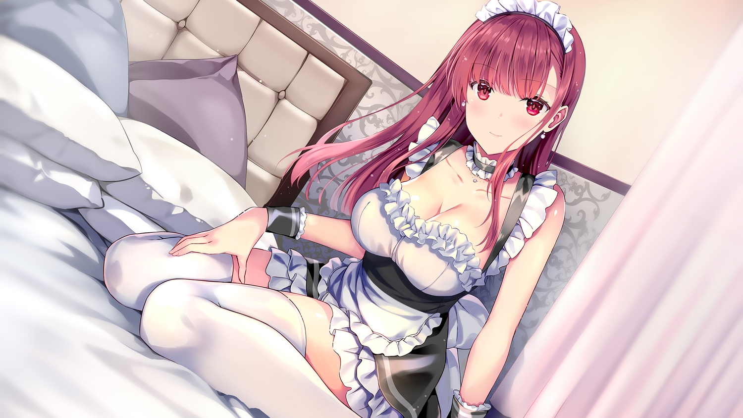 bed, breasts, cleavage, headdress, long_hair, maid, original, red_eyes, red_hair, rei_(rei's_room), thighhighs