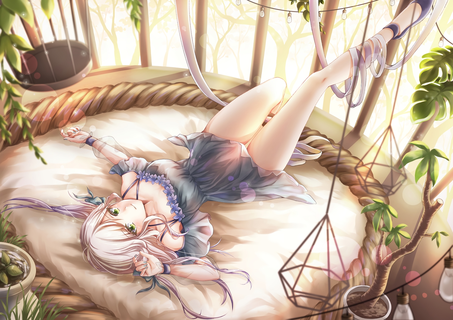 blonde_hair, breasts, cage, cleavage, dress, green_eyes, leaves, long_hair, original, ositi0528, ribbons, tree, white_hair