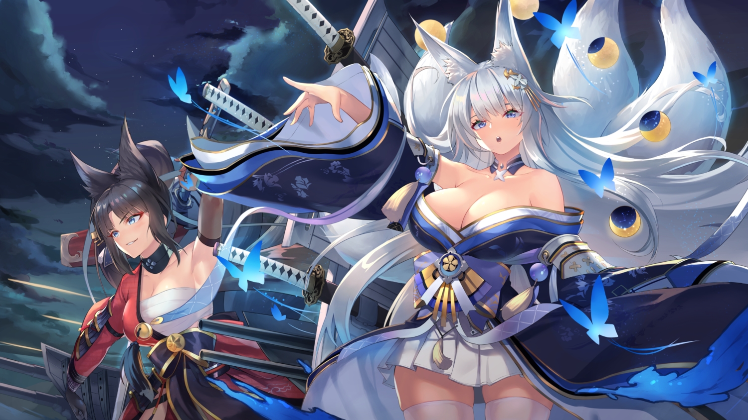 2girls, animal_ears, anthropomorphism, azur_lane, bell, black_hair, blue_eyes, breasts