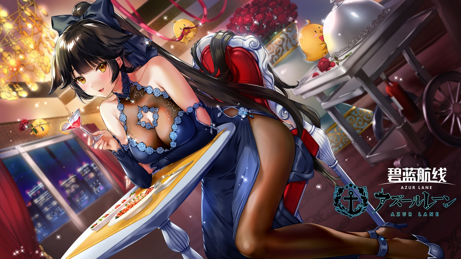 animal, anthropomorphism, azur_lane, bird, black_hair, bow, breast_hold, breasts