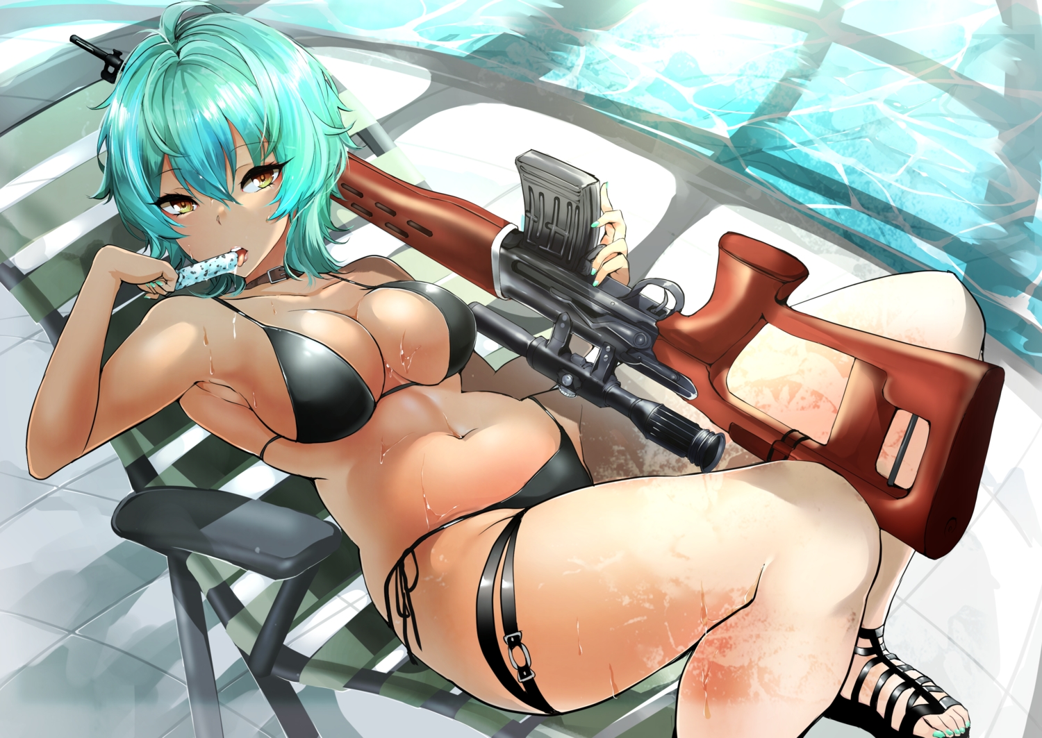 agetama, aqua_hair, bikini, breasts, cleavage, dark_skin, food, gun, hidan_no_aria, ice_cream, navel, pool, popsicle, reki_(hidan_no_aria), swimsuit, water, weapon