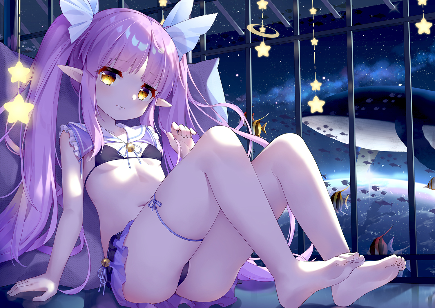 animal, barefoot, bikini, fish, garter, hikawa_kyoka, loli, long_hair, navel, pink_hair, pointed_ears, princess_connect!, swimsuit, taku_michi, twintails, yellow_eyes