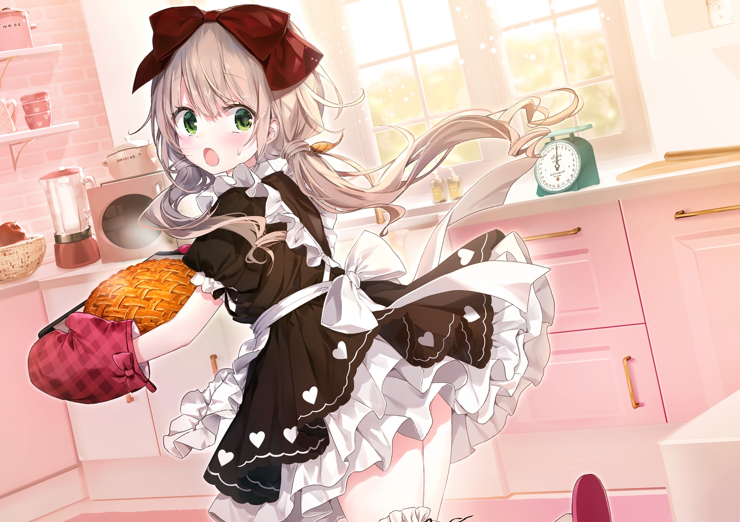 apron, brown_hair, emia_(castilla), food, garter, gloves, green_eyes, loli