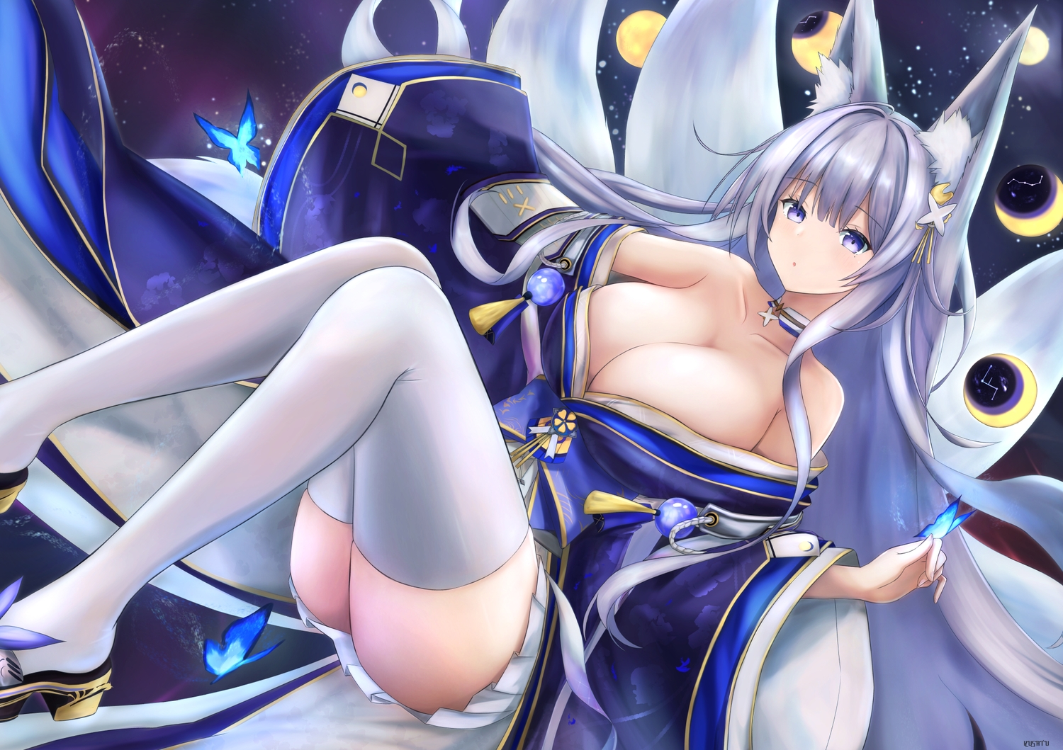 amano_kusatsu, animal_ears, anthropomorphism, azur_lane, blue_eyes, breasts, butterfly, cleavage, foxgirl, gray_hair, japanese_clothes, moon, multiple_tails, shinano_(azur_lane), skirt, tail, zettai_ryouiki
