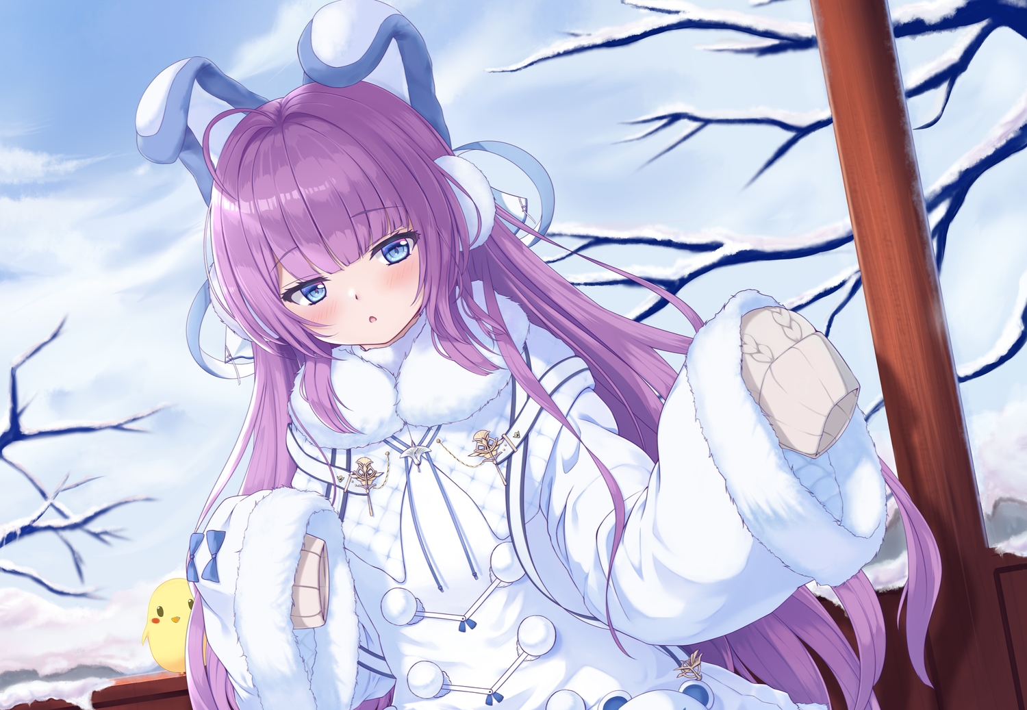 animal, anthropomorphism, aqua_eyes, azur_lane, bird, loli, long_hair, manjuu_(azur_lane), purple_hair, shenqi_(toid310), tashkent_(azur_lane), winter