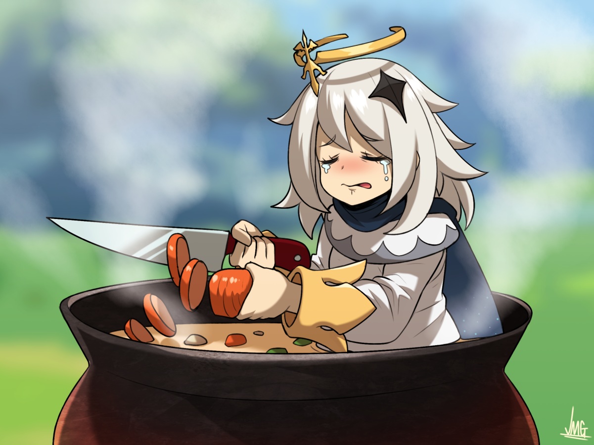 crying, fairy, food, genshin_impact, gray_hair, halo, jmg, knife
