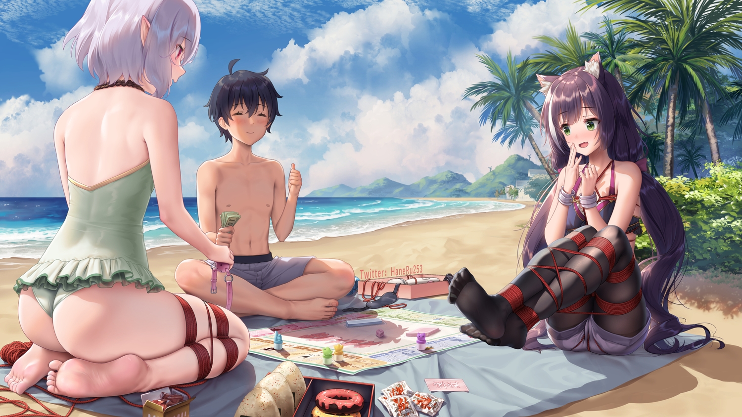 animal_ears, ass, black_hair, bondage, catgirl, gray_hair, green_eyes, haneru, karyl, long_hair, male, natsume_kokoro, pantyhose, pointed_ears, princess_connect!, short_hair, twintails, watermark, yuuki_(princess_connect!)