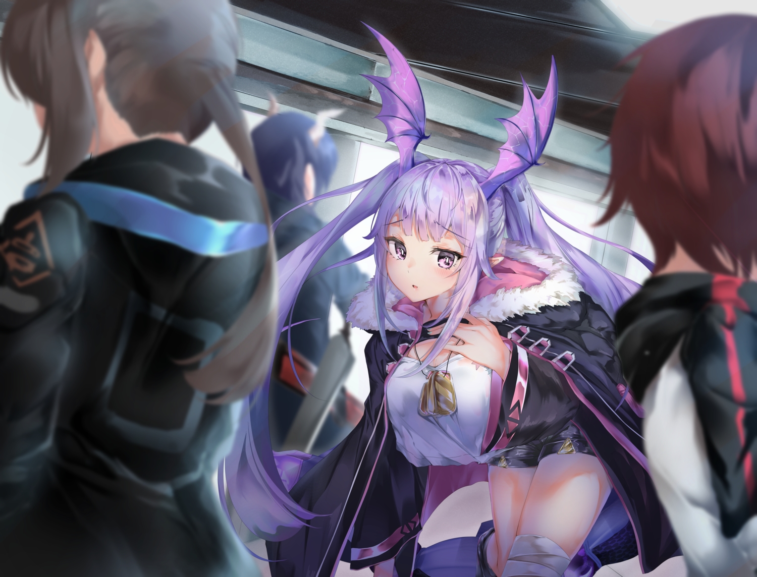 amiya_(arknights), arknights, blush, bunnygirl, ch'en_(arknights), exusiai_(arknights), group, long_hair, manticore_(arknights), mika_uni, pointed_ears, purple_eyes, purple_hair, twintails
