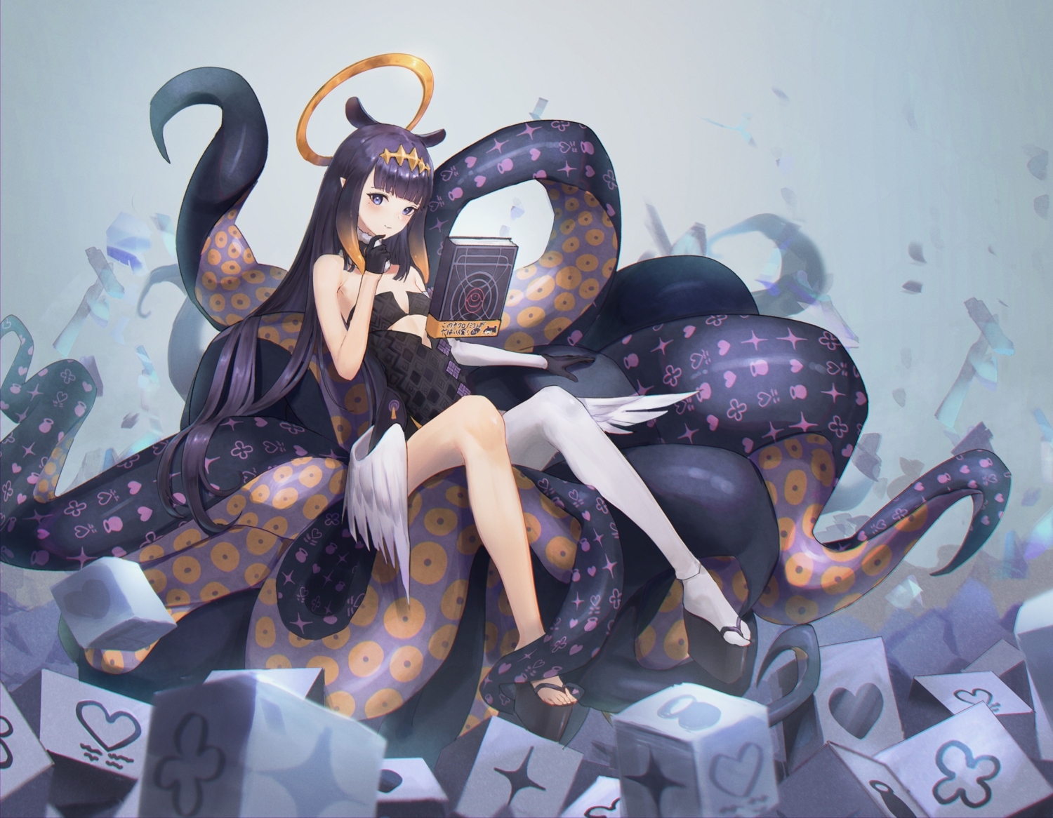 blue_eyes, book, flat_chest, gloves, halo, hololive, long_hair, ninomae_ina'nis, pointed_ears, purple_hair, ritta_(abmnoworld), tentacles, wings