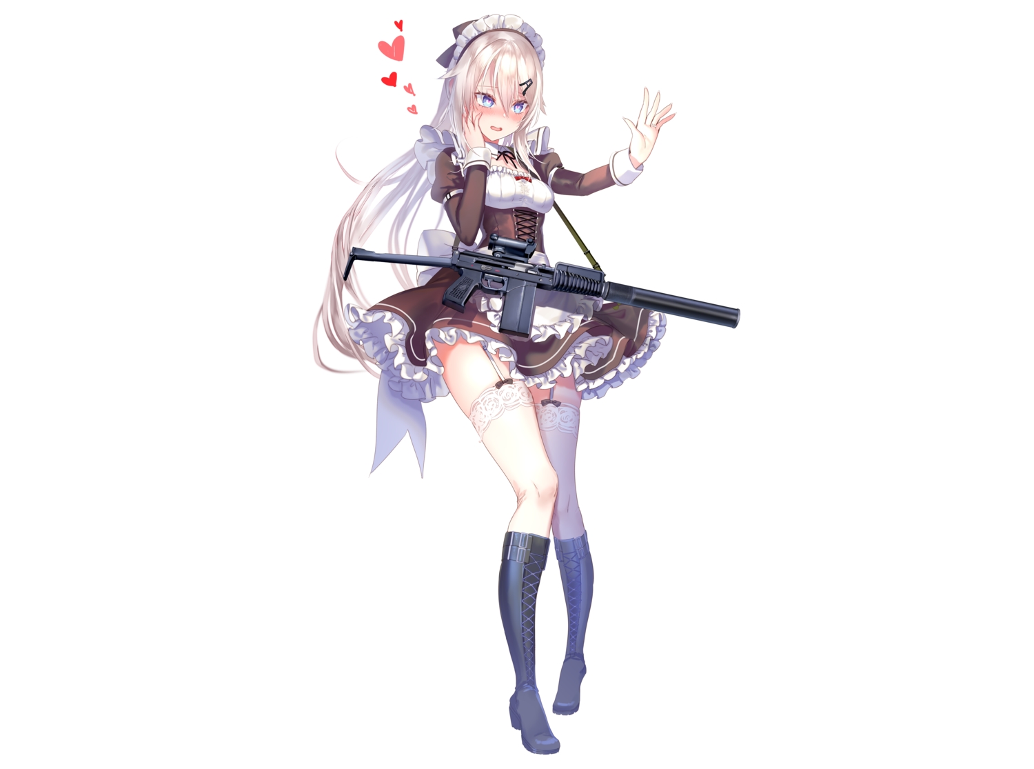 9a-91_(girls_frontline), anthropomorphism, apron, aqua_eyes, blonde_hair, blush, boots, corset