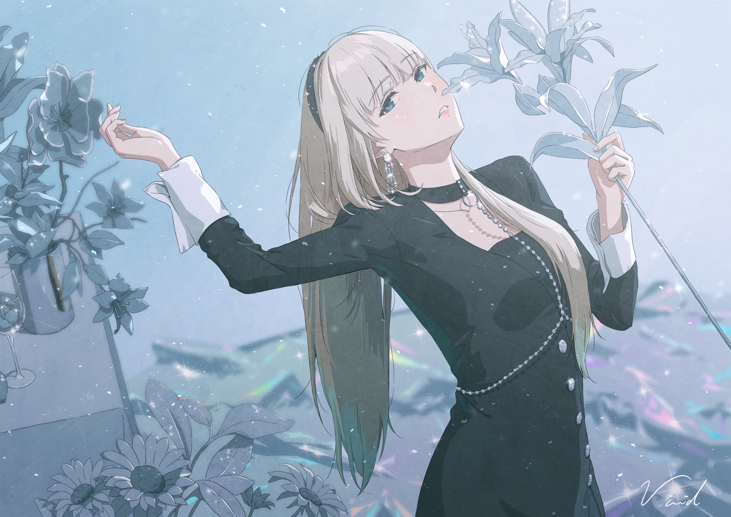 aqua_eyes, bibido, blonde_hair, choker, dress, flowers, gfriend, headband, long_hair, signed, sunflower, yerin_(gfriend)