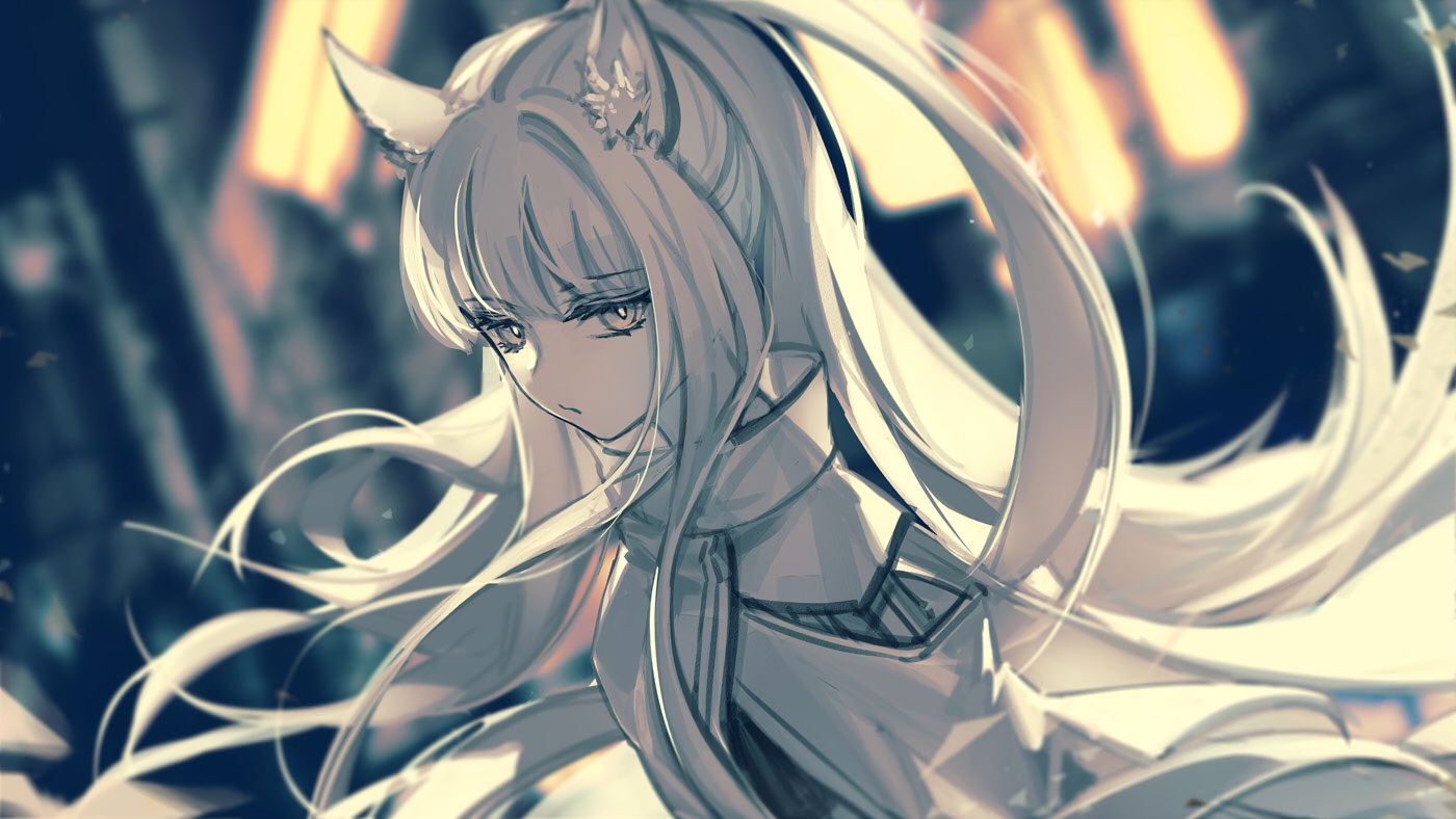 animal_ears, arknights, gray_eyes, long_hair, platinum_(arknights), polychromatic, skade, white_hair