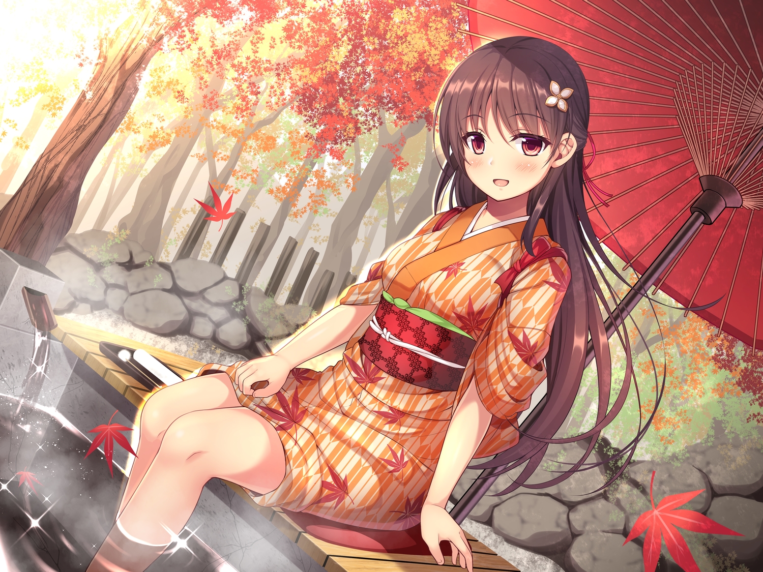 autumn, blush, brown_hair, japanese_clothes, leaves, long_hair, onsen, original