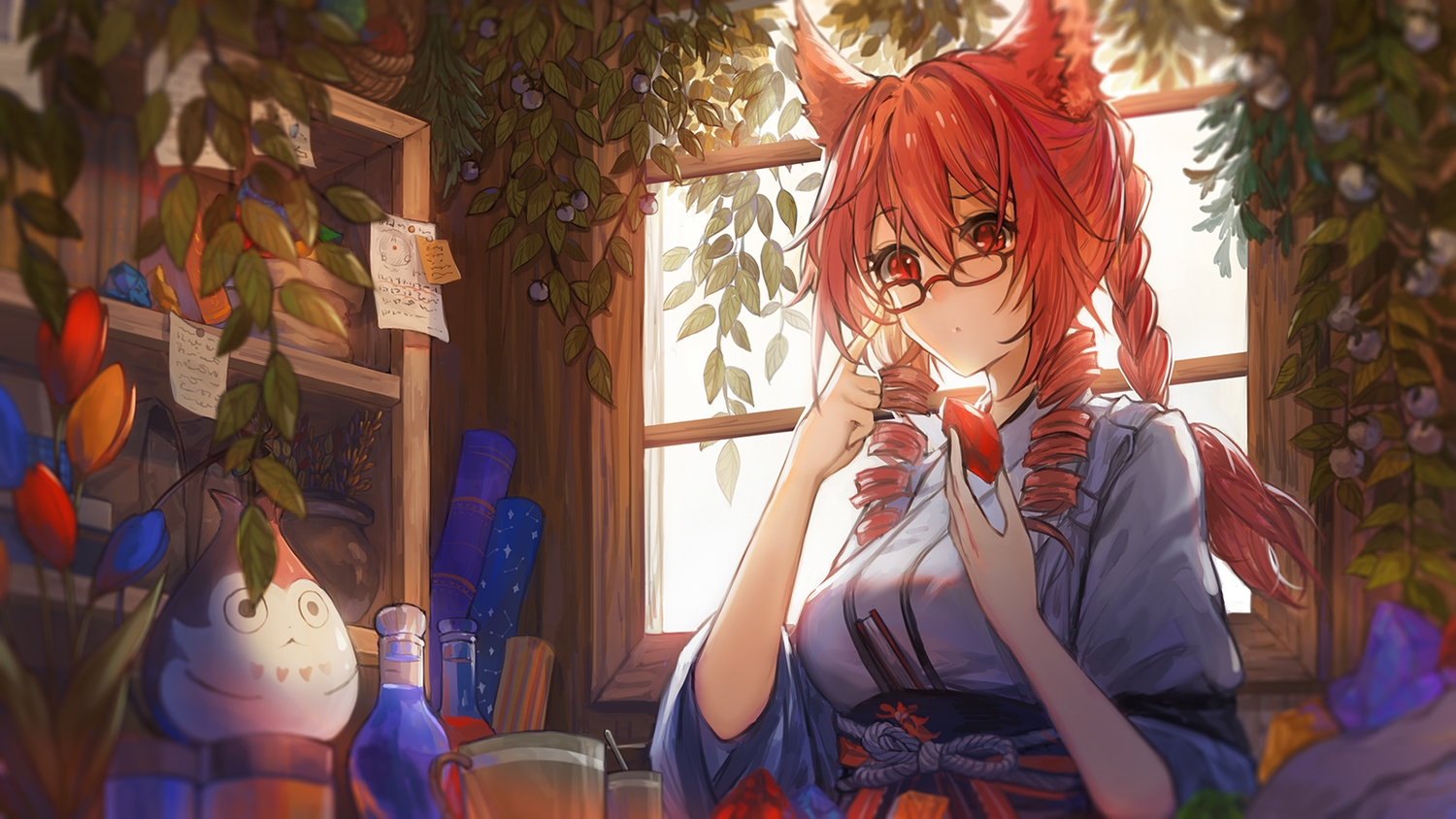 animal_ears, braids, catgirl, fan, final_fantasy, final_fantasy_xiv, flowers, glasses, japanese_clothes, kimono, leaves, long_hair, miqo'te, paper, red_eyes, red_hair, vetina