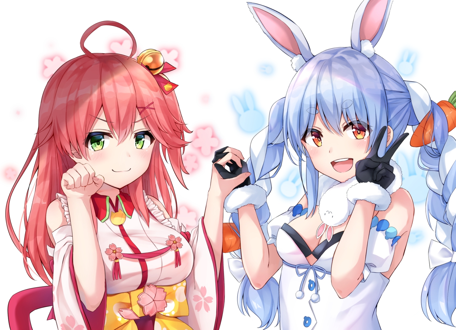 2girls, animal_ears, bell, bikini_top, blue_hair, blush, bow, braids