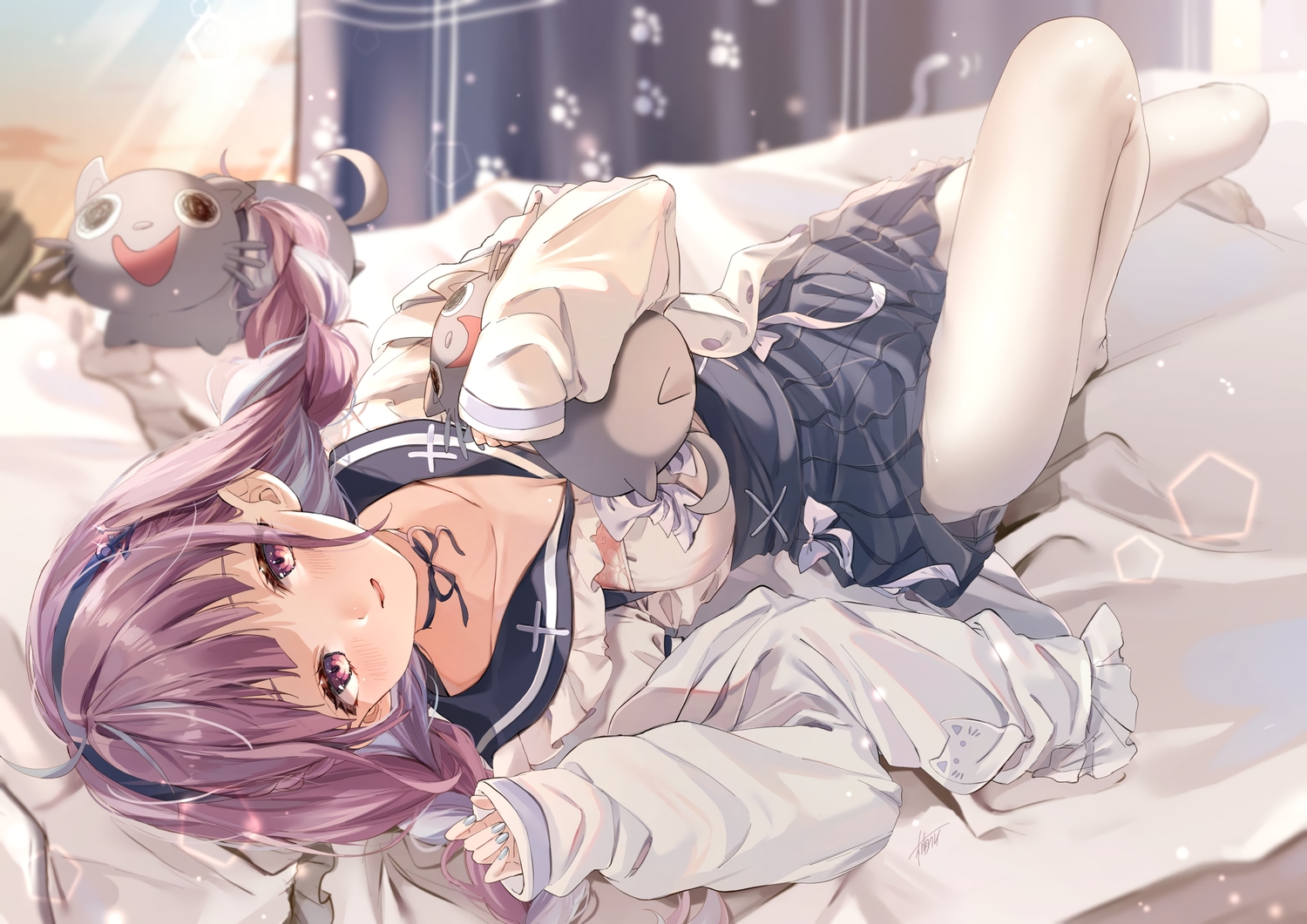 bed, bra, braids, harui_(hr_x9_), hololive, long_hair, minato_aqua, open_shirt, pantyhose, purple_eyes, purple_hair, school_uniform, twintails, underwear