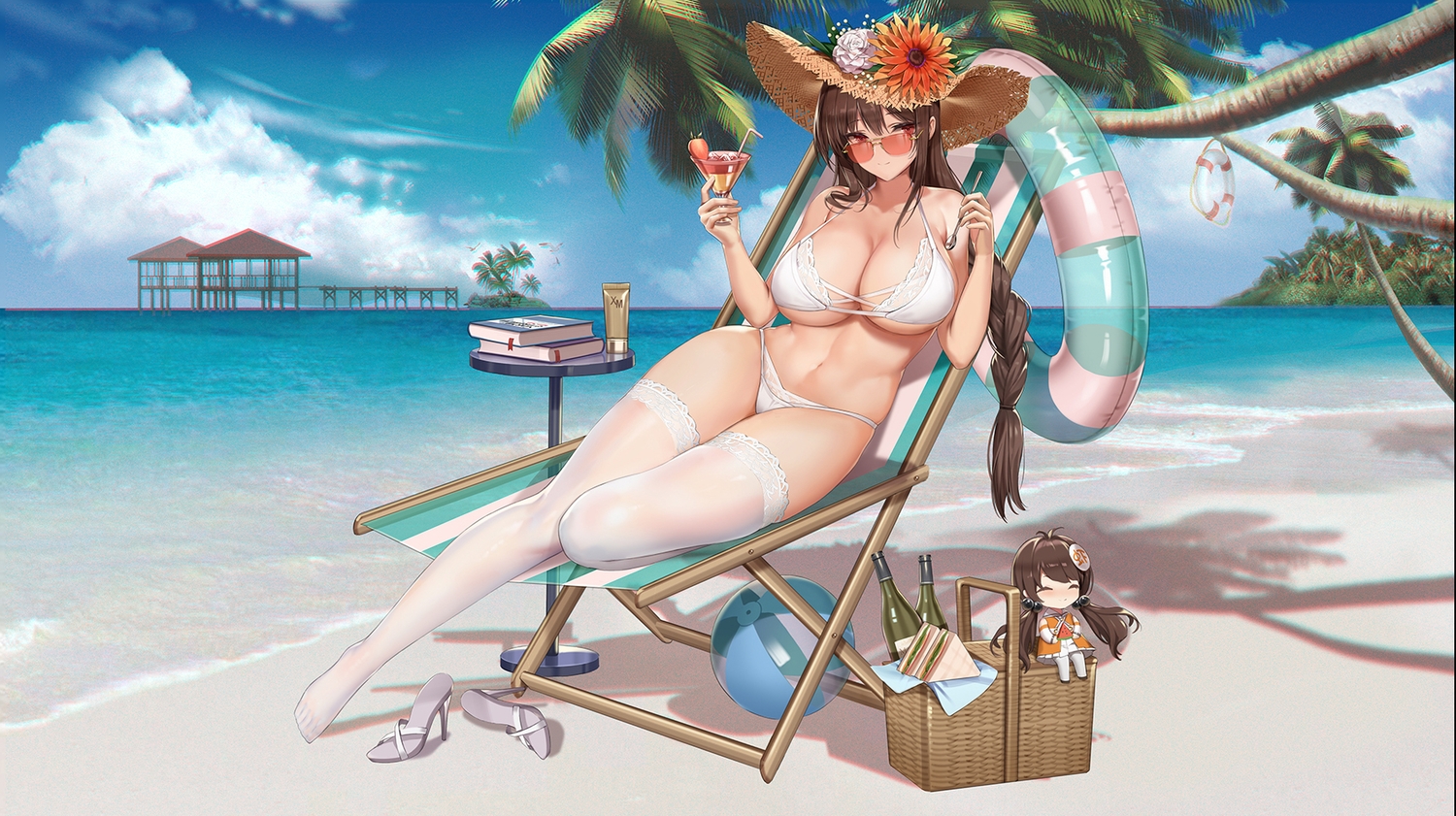 ball, beach, bikini, book, braids, clouds, drink, food
