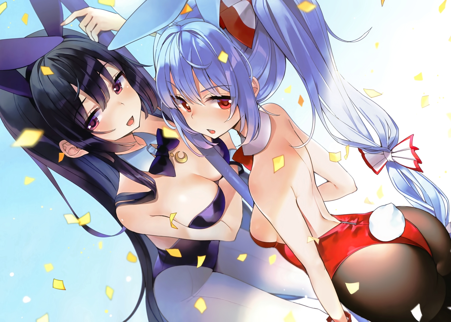 2girls, animal_ears, ass, black_hair, breast_hold, breasts, bunny_ears, bunnygirl