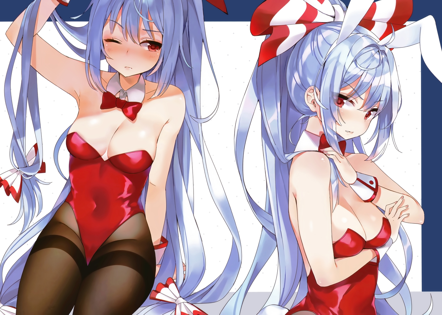 animal_ears, breast_hold, breasts, bunny_ears, bunnygirl, cleavage, fujiwara_no_mokou, gray_hair, leotard, long_hair, mirei, pantyhose, red_eyes, scan, touhou