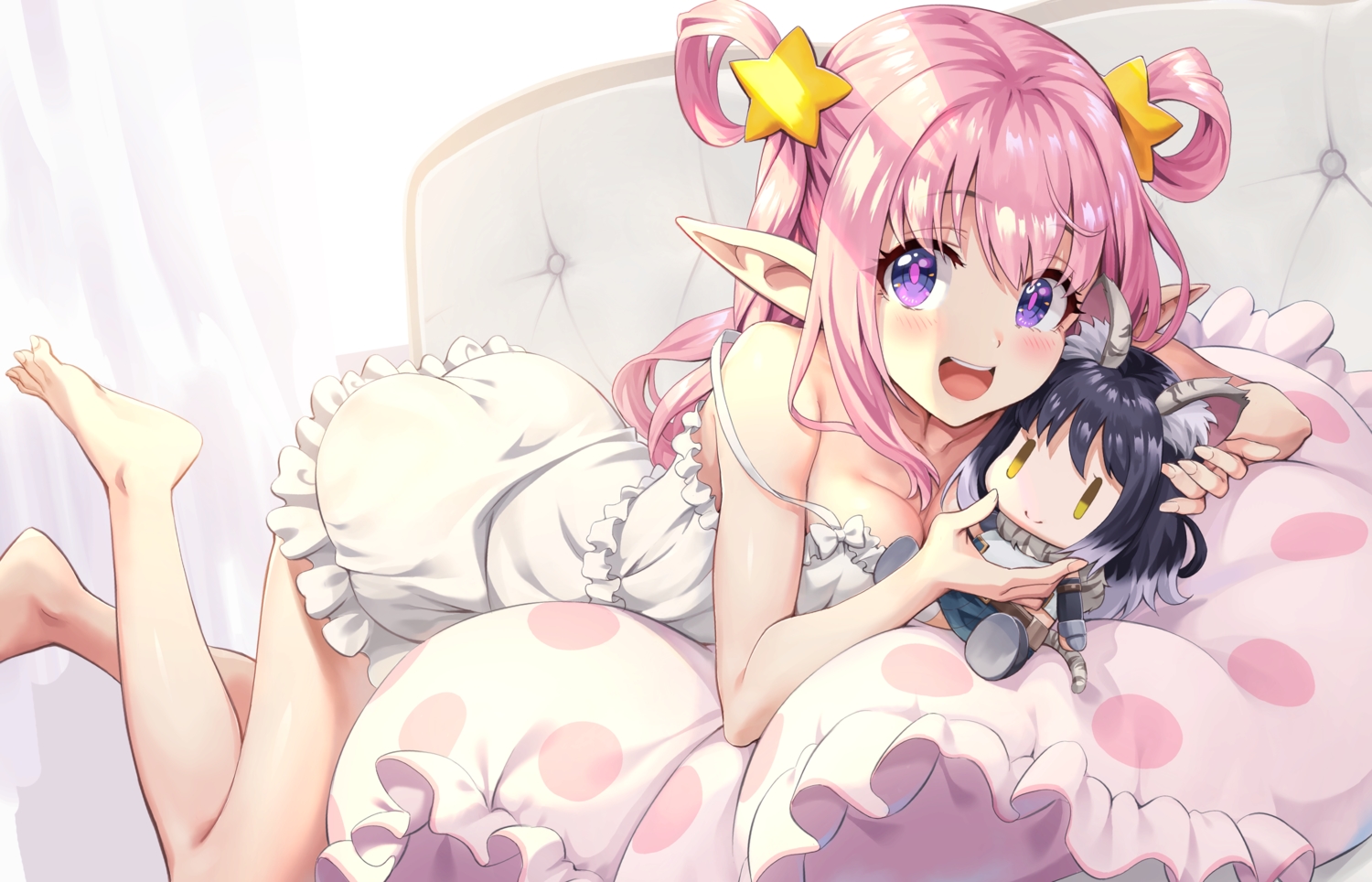 barefoot, doll, dress, kashiwazaki_hatsune, pink_hair, pointed_ears, princess_connect!, purple_eyes, yansun
