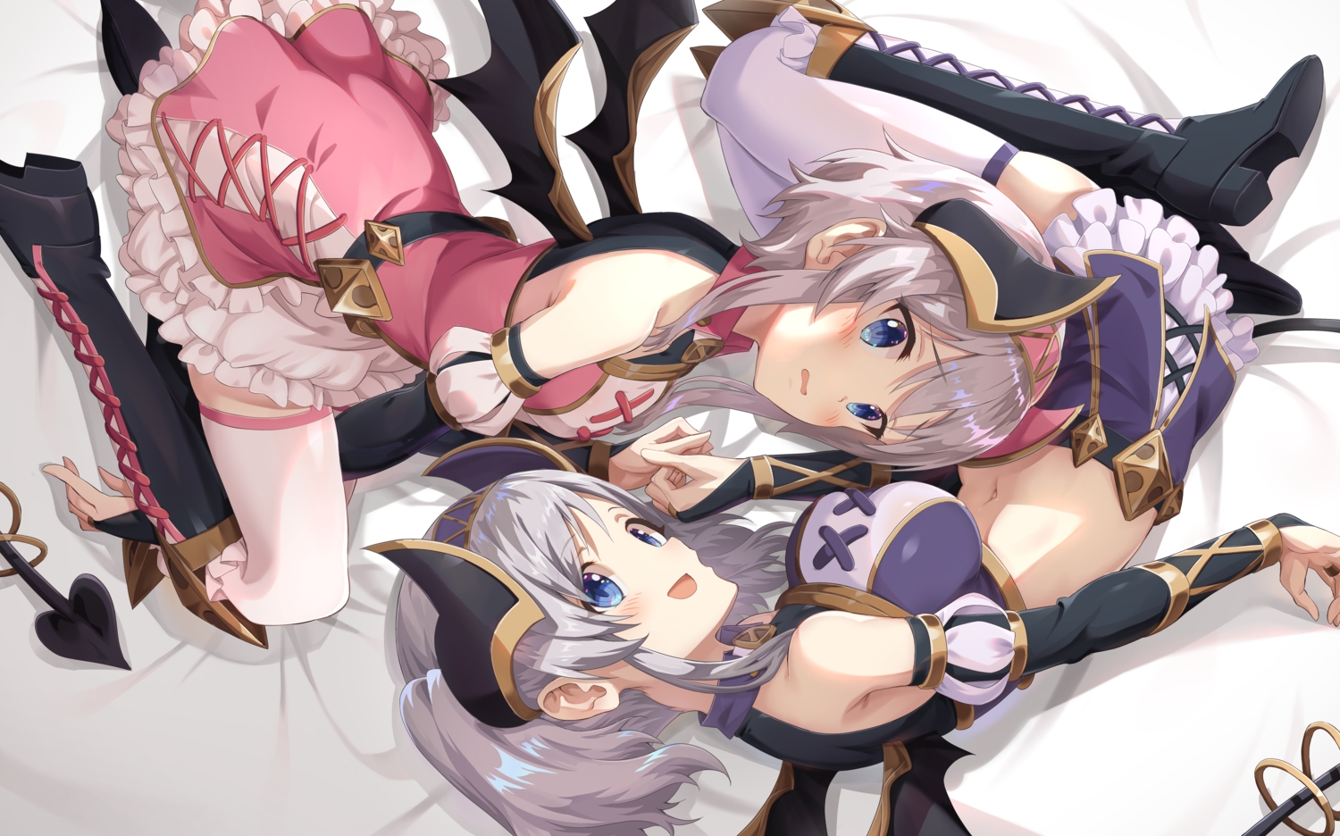 blue_eyes, gray_hair, kazemiya_akari, kazemiya_yori, princess_connect!, short_hair, thighhighs, twins, twintails, yansun