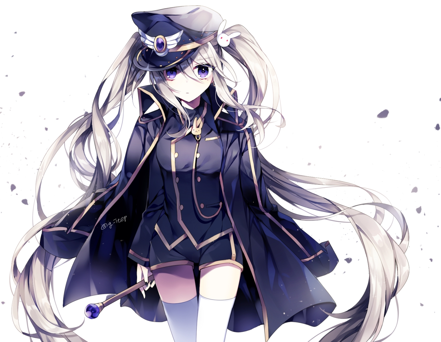 g_ieep, gray_hair, hat, long_hair, maplestory, orchid_(maplestory), polychromatic, purple_eyes, shorts, signed, thighhighs, twintails, zettai_ryouiki