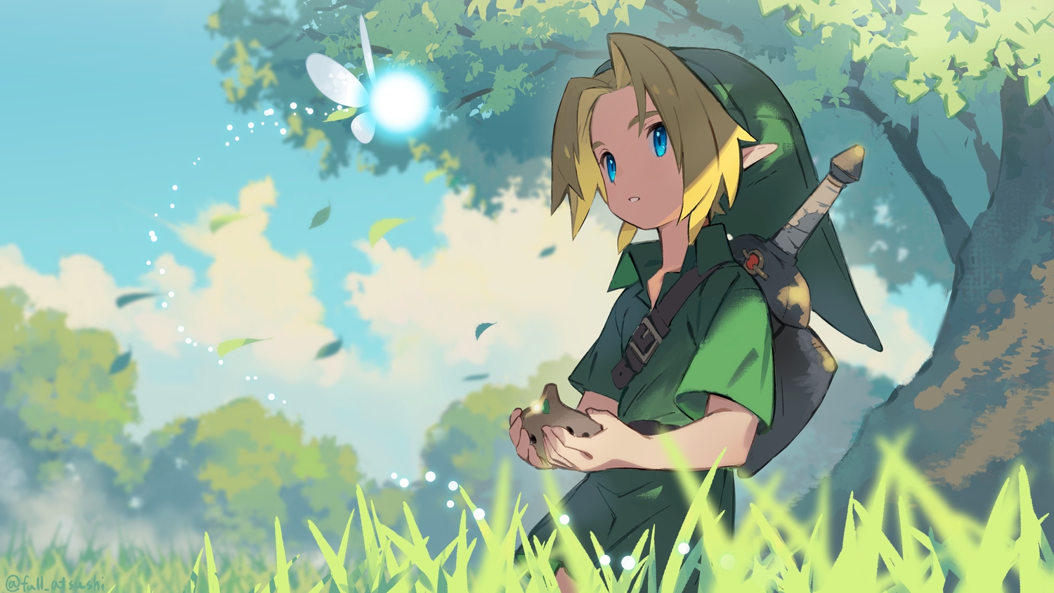 all_male, aqua_eyes, blanco026, blonde_hair, grass, hat, instrument, link_(zelda)