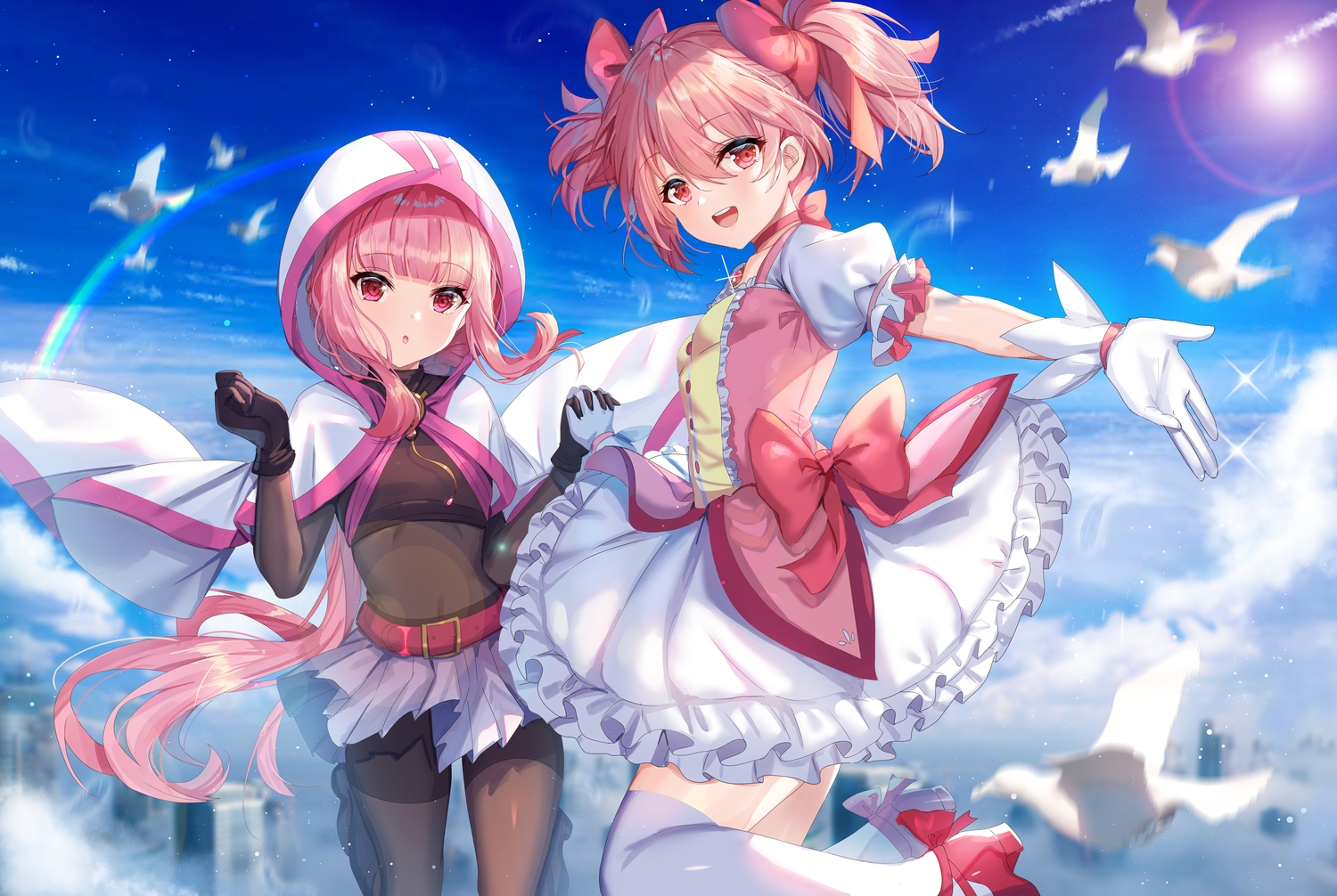 2girls, aliasing, animal, bird, bodysuit, cape, clouds, dress