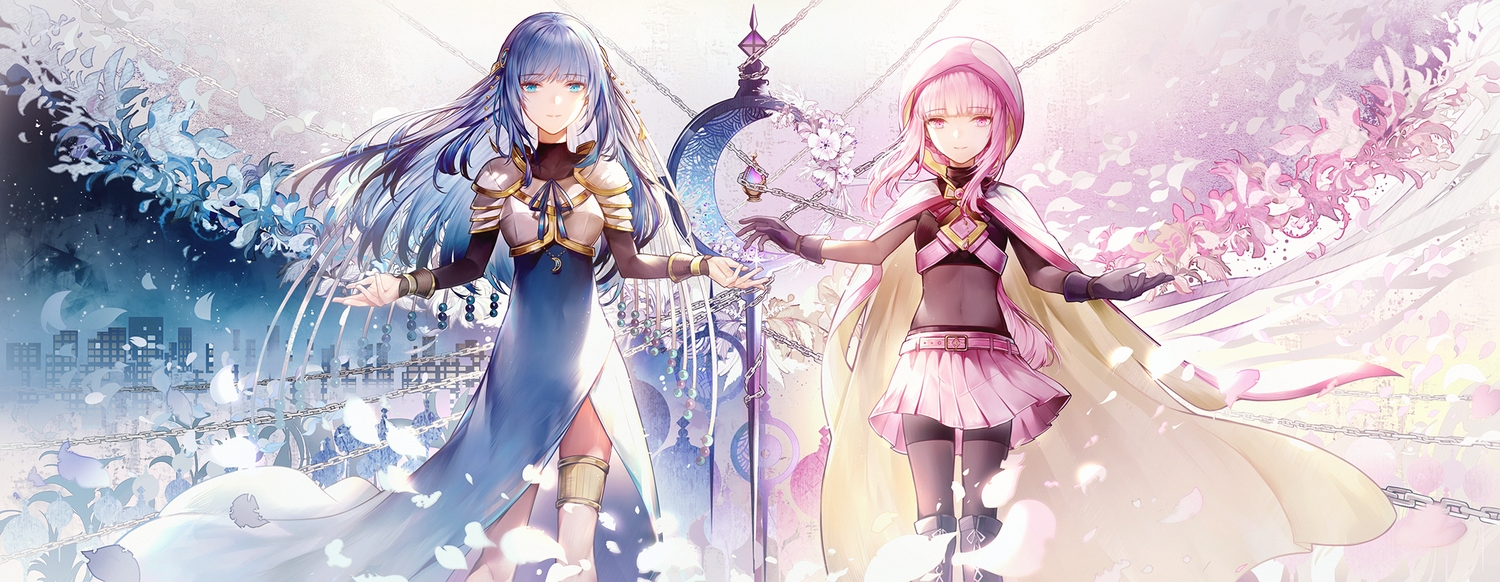 2girls, aqua_eyes, blue_hair, building, city, dress, flowers, garter_belt