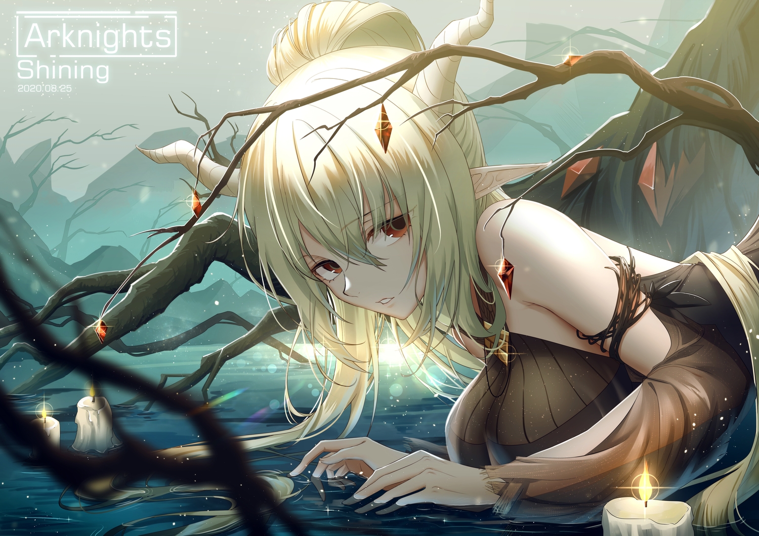 arknights, close, green_hair, horns, long_hair, pointed_ears, ponytail, see_through