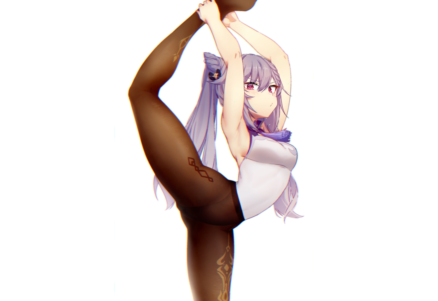 blush, dev, genshin_impact, keqing_(genshin_impact), leotard, long_hair, pantyhose, pink_eyes, purple_hair, spread_legs, twintails, white