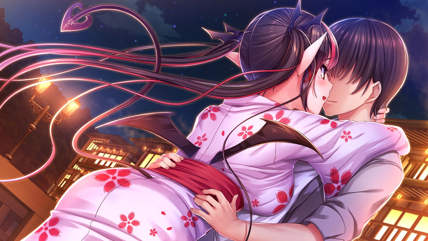 akasaai, brown_hair, building, demon, game_cg, japanese_clothes, lovelia, male