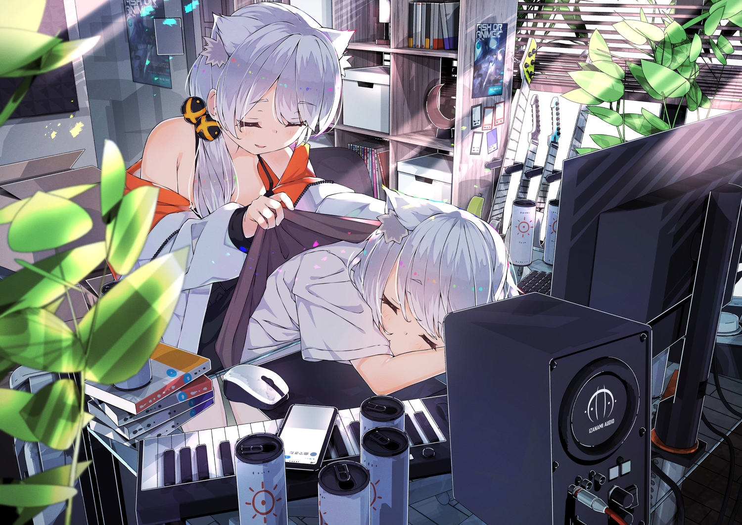 2girls, animal_ears, computer, gray_hair, hoji_(hooooooooji1029), instrument, long_hair, no_bra, open_shirt, original, piano, sleeping