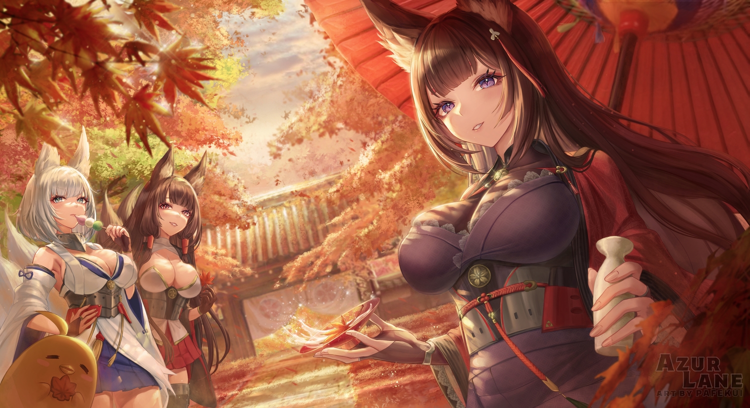 akagi_(azur_lane), amagi_(azur_lane), animal, animal_ears, anthropomorphism, aqua_eyes, autumn, azur_lane