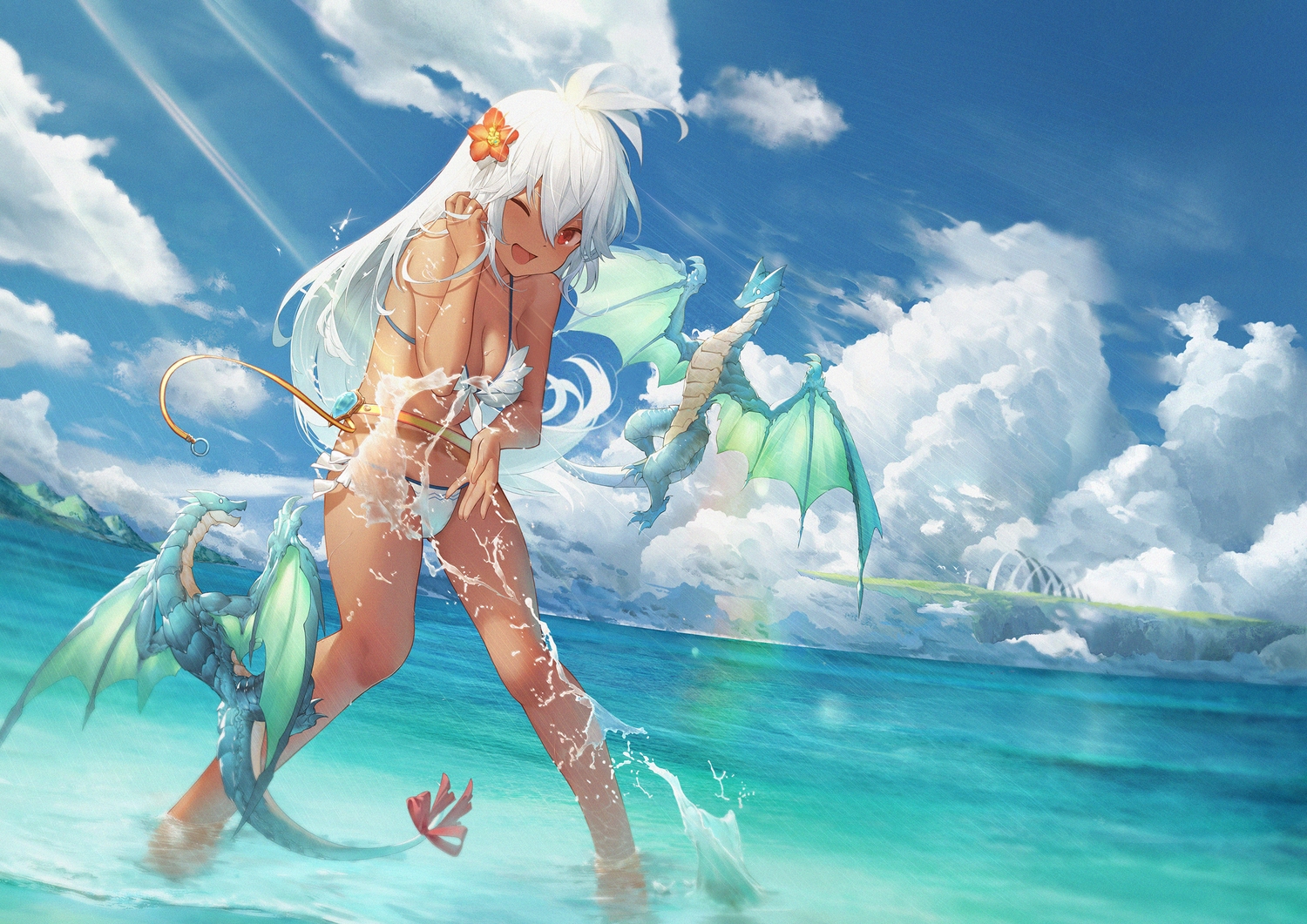 bikini, breasts, cg_(2686805355), cleavage, dark_skin, dragon, granblue_fantasy, swimsuit