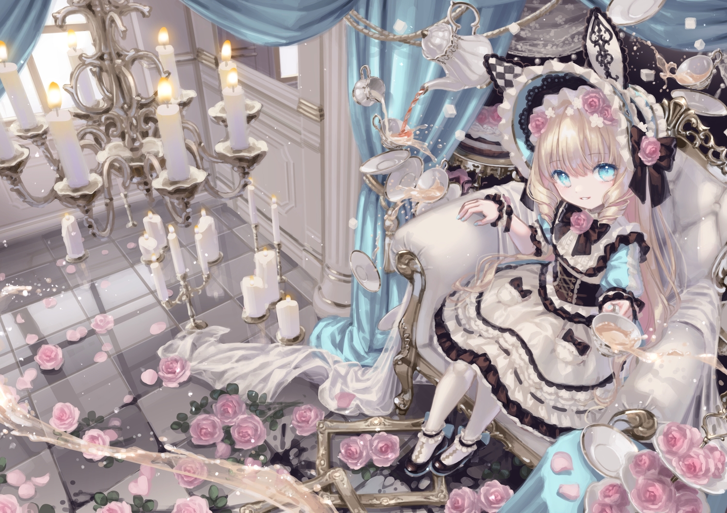 aqua_eyes, blonde_hair, drink, flowers, goth-loli, lolita_fashion, long_hair, original