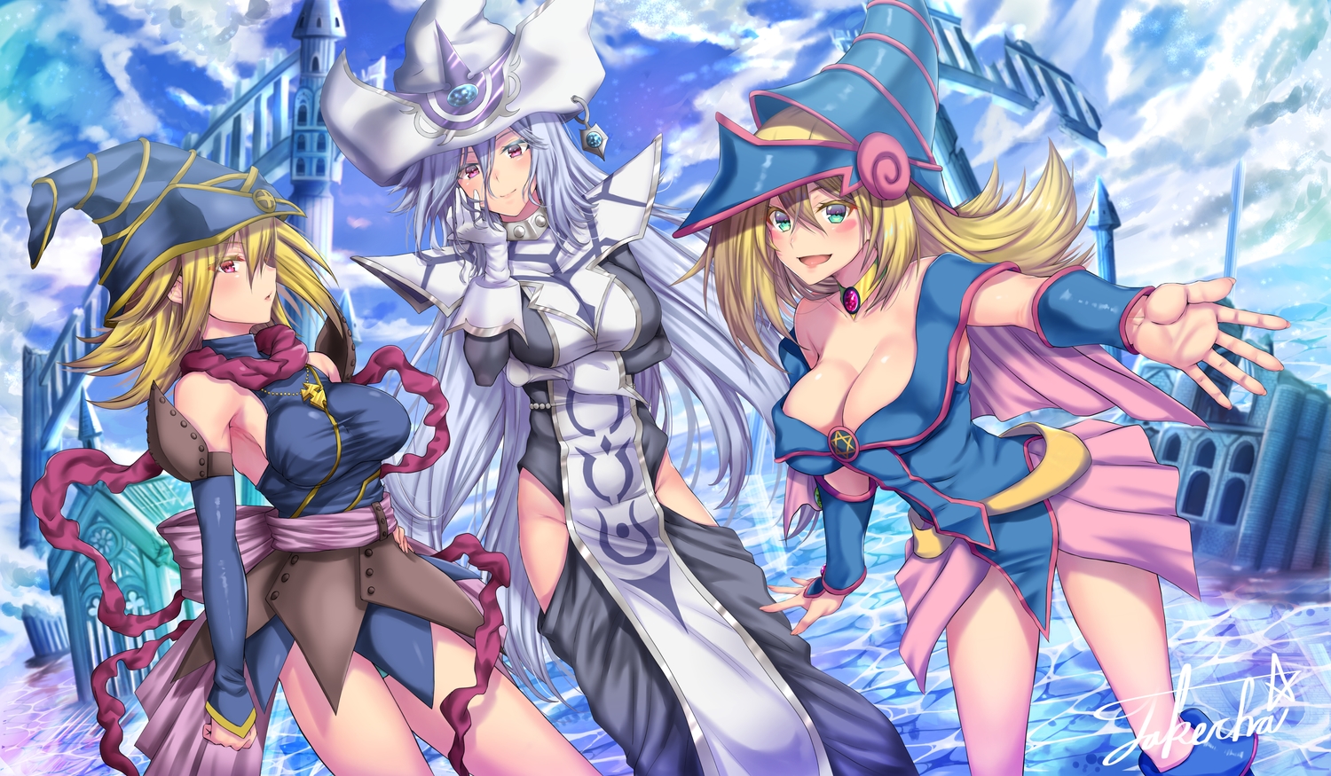 blonde_hair, breasts, building, cleavage, clouds, dark_magician_girl, dress, gagaga_girl