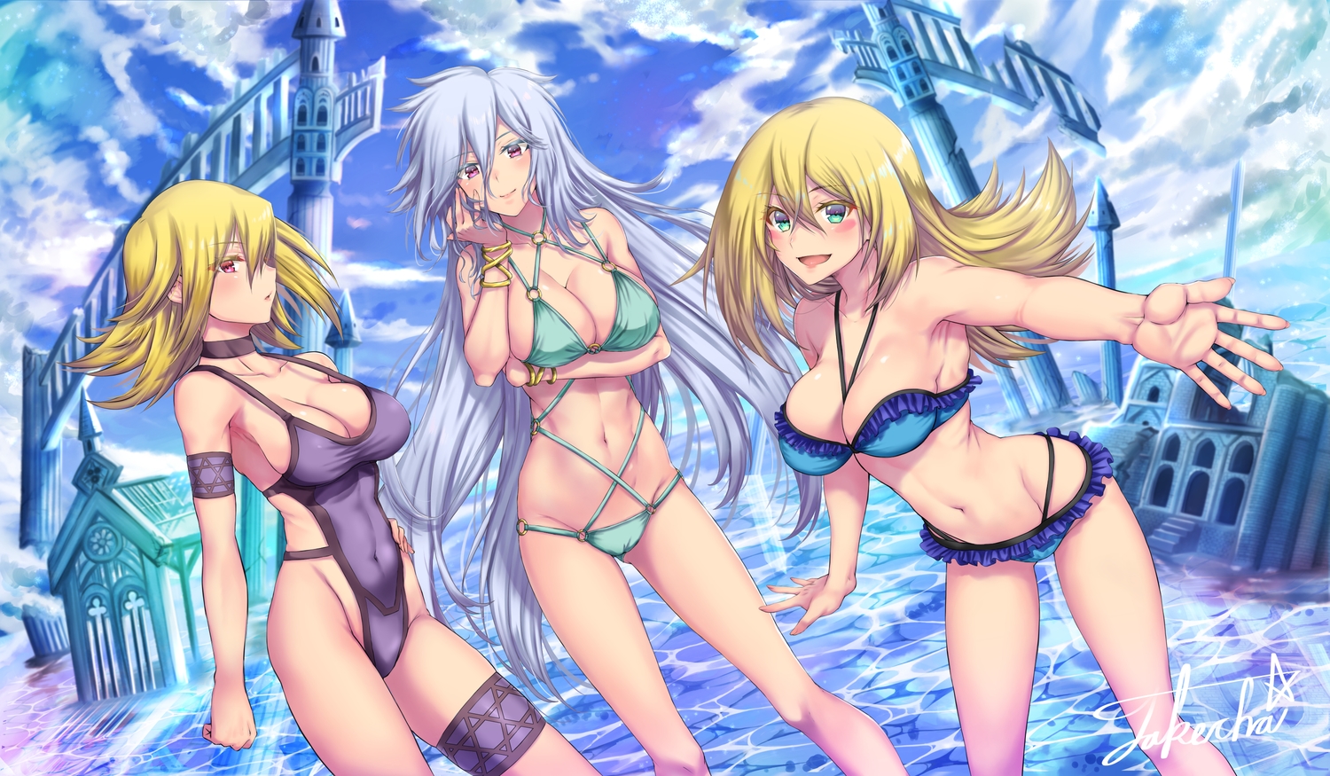 bikini_top, blonde_hair, breast_hold, breasts, building, cleavage, clouds, dark_magician_girl