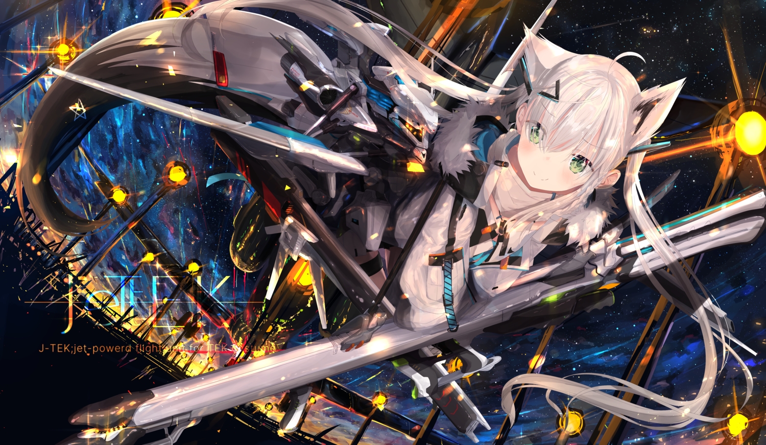 animal_ears, force_(fossan_01), foxgirl, green_eyes, hololive, long_hair, mechagirl, shirakami_fubuki, tail, twintails, weapon, white_hair