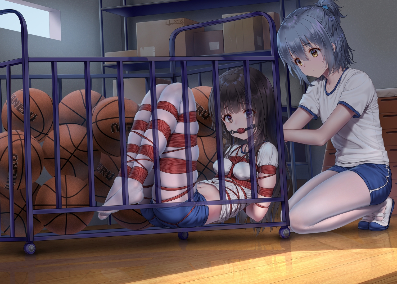 2girls, ball, bondage, brown_eyes, brown_hair, gag, gym_uniform, haneru, haori_haruki, himino_seika, long_hair, original, pantyhose, rope, signed, thighhighs