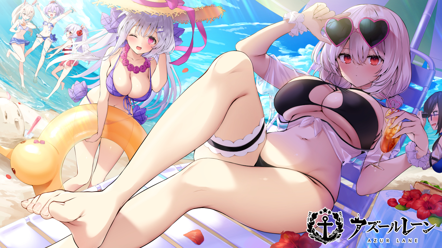 aliasing, anthropomorphism, ark_royal_(azur_lane), ayanami_(azur_lane), azur_lane, barefoot, beach, bikini