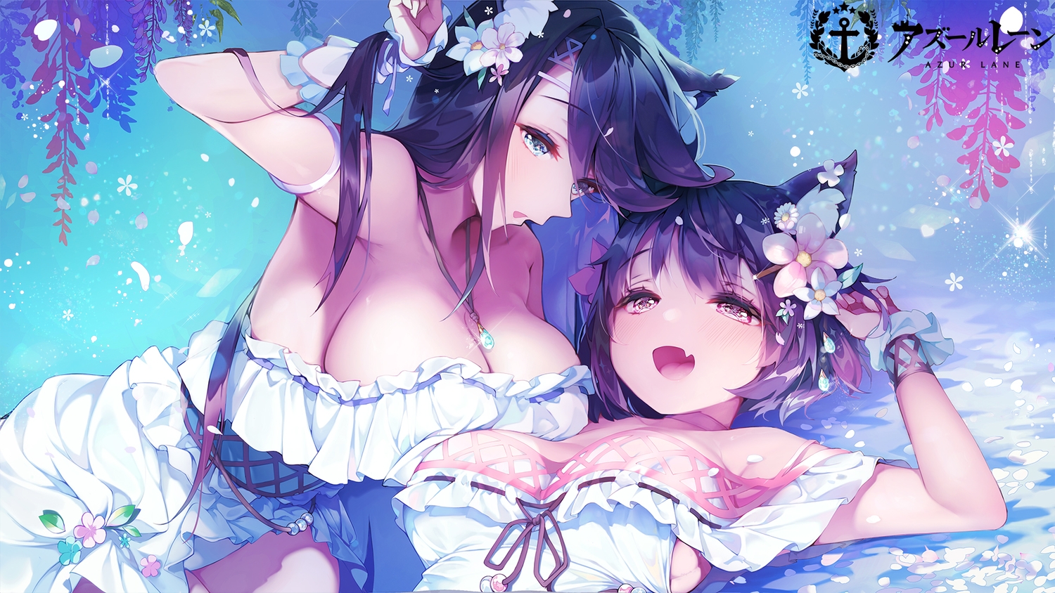 2girls, animal_ears, anthropomorphism, aqua_eyes, azur_lane, breasts, brown_hair, cleavage