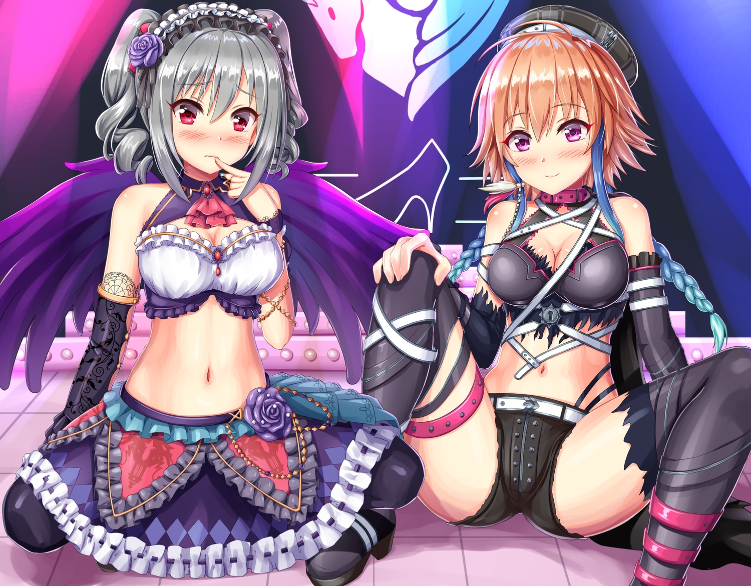 2girls, braids, garter, idolmaster, idolmaster_cinderella_girls, kanzaki_ranko, kyamu_(qqea92z9n), lolita_fashion
