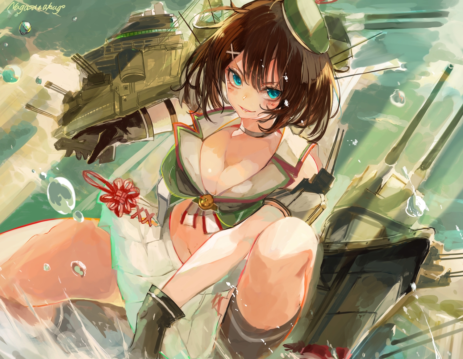 anthropomorphism, aqua_eyes, breasts, brown_hair, cleavage, gloves, japanese_clothes, kantai_collection, maya_(kancolle), mechagirl, nagasawa_tougo, navel, signed, sketch, skirt, water