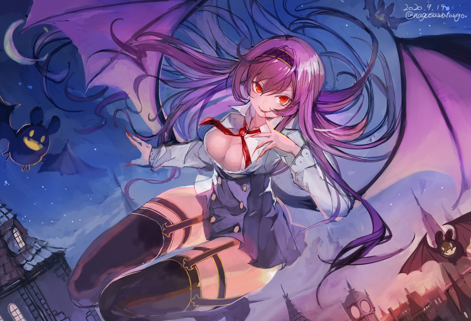 animal, bat, breasts, building, cleavage, dress, garter_belt, headband, long_hair, moon, nagasawa_tougo, night, open_shirt, original, purple_hair, red_eyes, shirt, signed, sky, stars, stockings, vampire, wings, zettai_ryouiki
