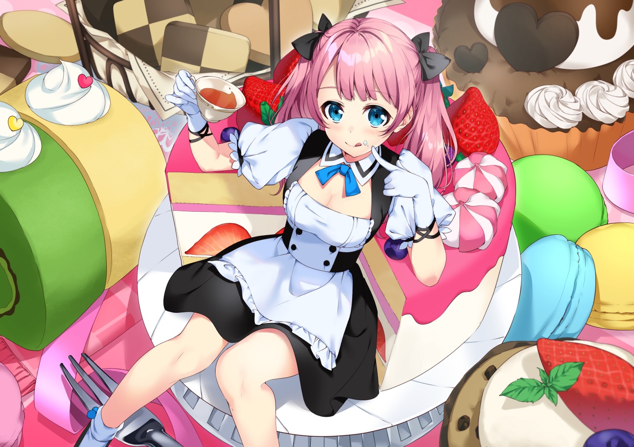 apron, aqua_eyes, bon_(bonbon315), breasts, cake, cleavage, food, fruit